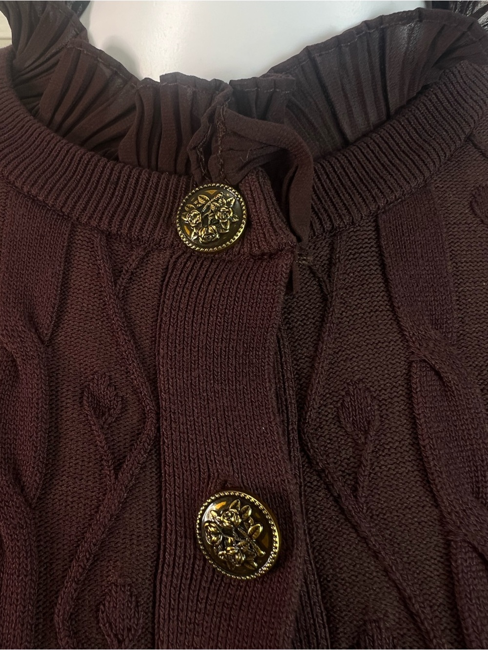Disturbia Women's Cable Knit Cardigan Burgundy Ashen Vine Ruffle Slim Fit Size M - Picture 9 of 15